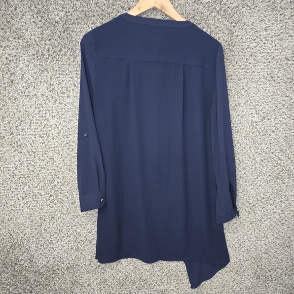 Chicos Top Womens 0 US Small Navy Blue Tunic Sheer Roll Tab Sleeve Blouse - Picture 7 of 7